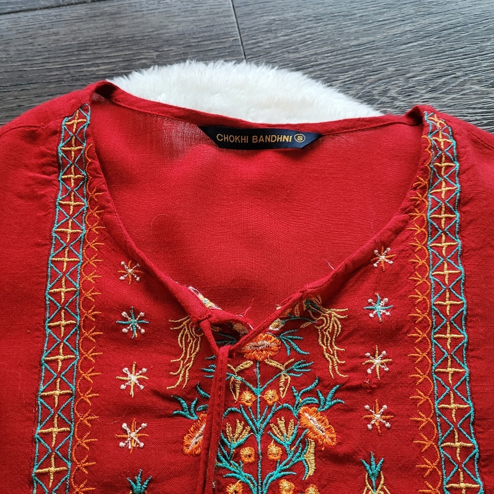 Vintage Chokhi Bandhni Bohemian Chic Peasant Top in Rich Red Sz XS-S - Picture 5 of 9